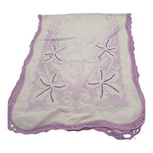 VTG Handcrafted Cross Stiched Table Runner Dresser Scarf Purple Crochet Trim
